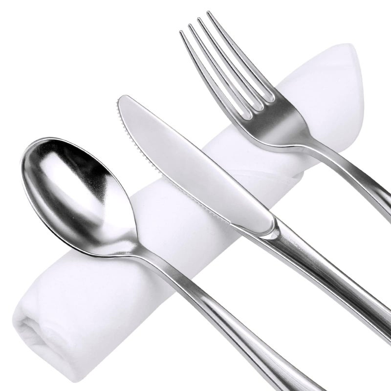 GzfunTeng 60 Pack Silver Plastic Silverware with Pre Rolled Napkins, Disposable Individually Wrapped Gold Cutlery Set Includes: 60 Forks 60 Knives 60 Spoons 60 Napkin for Party, Wedding & Dinner - Image 2