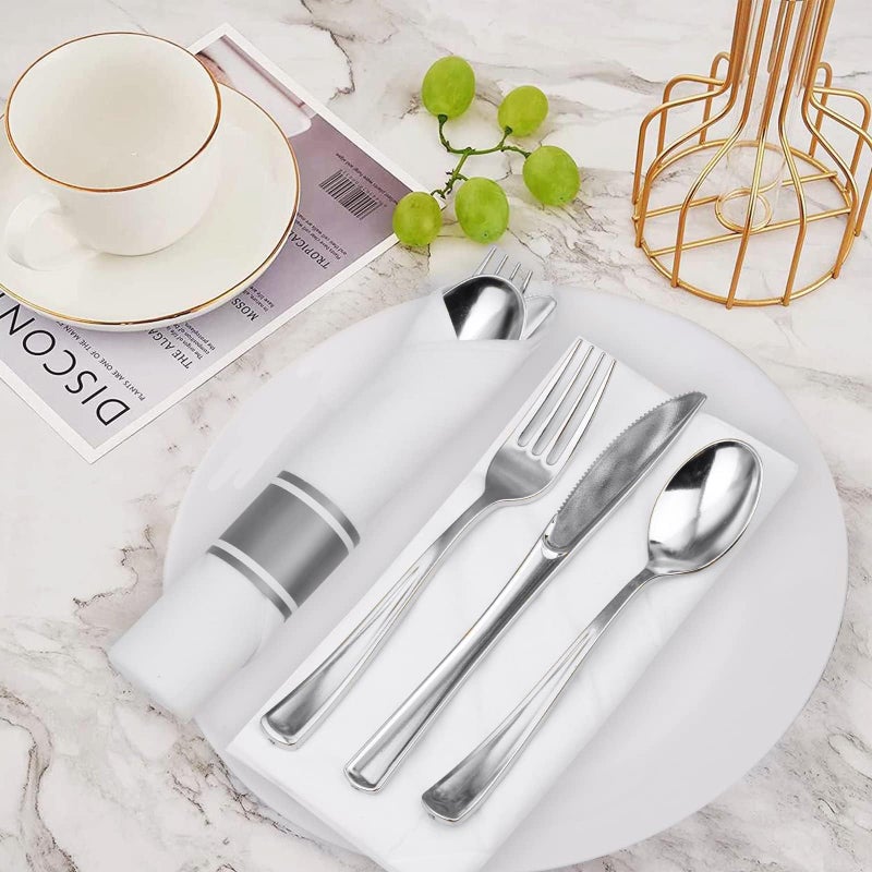 GzfunTeng 60 Pack Silver Plastic Silverware with Pre Rolled Napkins, Disposable Individually Wrapped Gold Cutlery Set Includes: 60 Forks 60 Knives 60 Spoons 60 Napkin for Party, Wedding & Dinner - Image 4