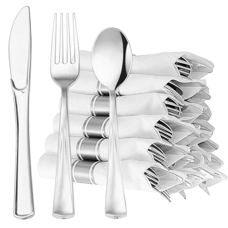GzfunTeng 60 Pack Silver Plastic Silverware with Pre Rolled Napkins, Disposable Individually Wrapped Gold Cutlery Set Includes: 60 Forks 60 Knives 60 Spoons 60 Napkin for Party, Wedding & Dinner - Image 1