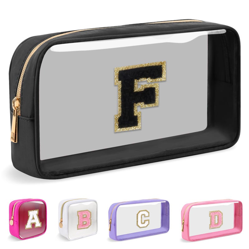 Iqimott Small Clear Personalized Initial Makeup BagNylon Preppy AZ Chenille Letter Patch Cosmetic Pouch Beach Toiletry BagWaterproof Zipper Travel Purse Storage Bag Organizer for Women GirlsBlackBlack F - Image 2