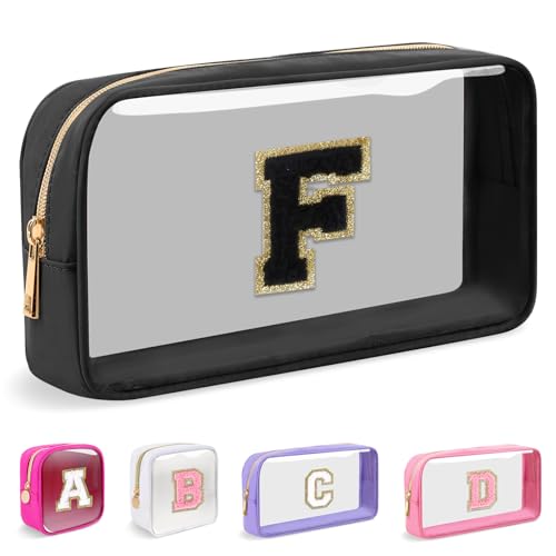 Iqimott Small Clear Personalized Initial Makeup BagNylon Preppy AZ Chenille Letter Patch Cosmetic Pouch Beach Toiletry BagWaterproof Zipper Travel Purse Storage Bag Organizer for Women GirlsBlackBlack F - Image 1