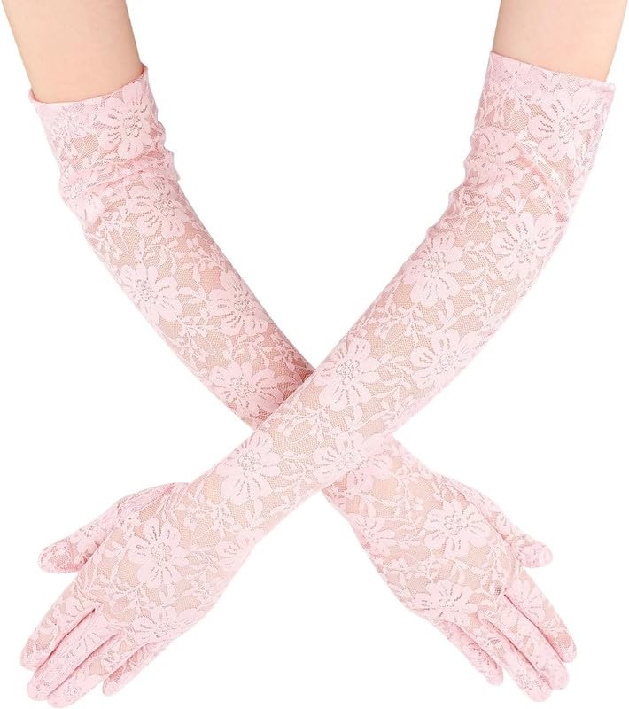 KETKAR Lace Gloves Long Opera Elbow Length for Women Party Dress Costume Floral Prom Wedding_Pink - Image 1