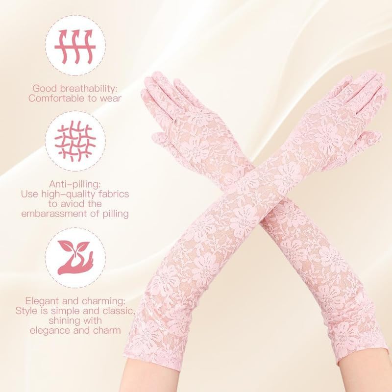 KETKAR Lace Gloves Long Opera Elbow Length for Women Party Dress Costume Floral Prom Wedding_Pink - Image 4