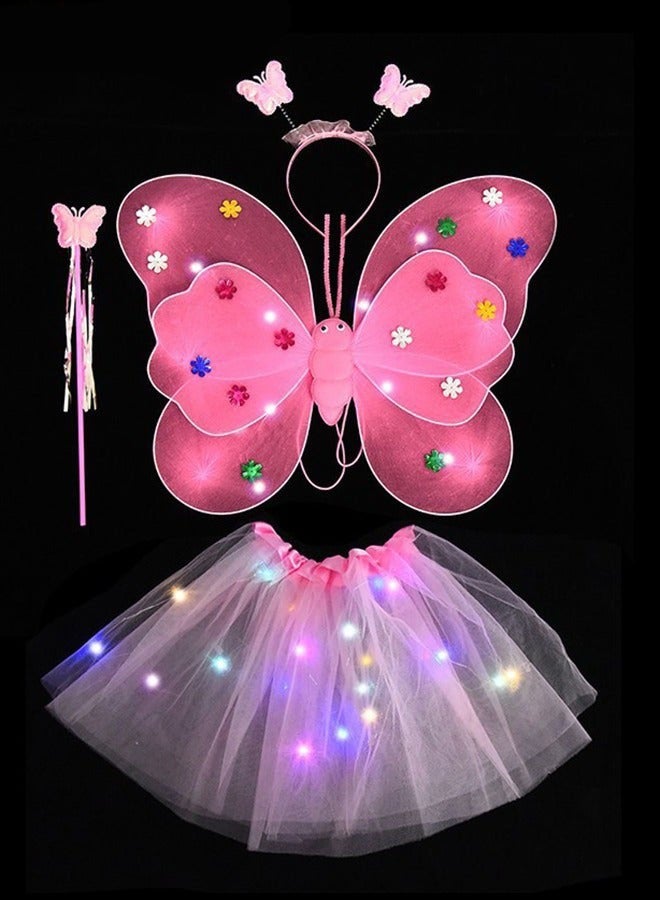 DURKU Pink LED erfly Wings Set for Little Girls - Includes Headband, Skirt, and Fairy Stick - Light Up Costume for Party Photos and Favors - Image 1