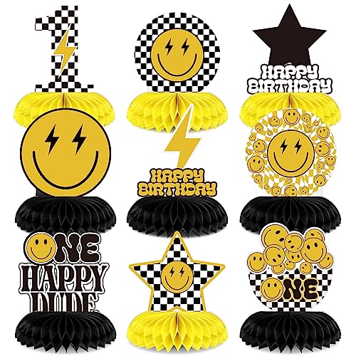 Outus 9 Pcs One Happy Dude Birthday Decoration One Happy Dude Honeycomb Centerpiece 1st Cool Birthday Table Decorations Smile Face Table Toppers Centerpieces for Baby Shower Party Supplies Decor - Image 1