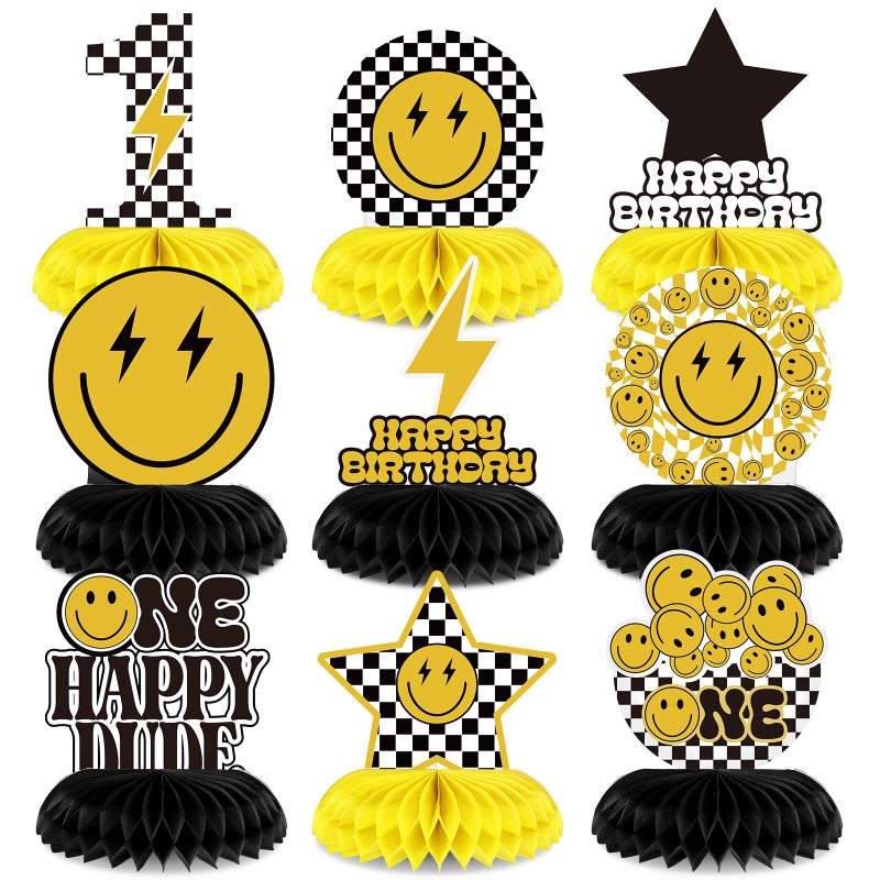 Outus 9 Pcs One Happy Dude Birthday Decoration One Happy Dude Honeycomb Centerpiece 1st Cool Birthday Table Decorations Smile Face Table Toppers Centerpieces for Baby Shower Party Supplies Decor - Image 3