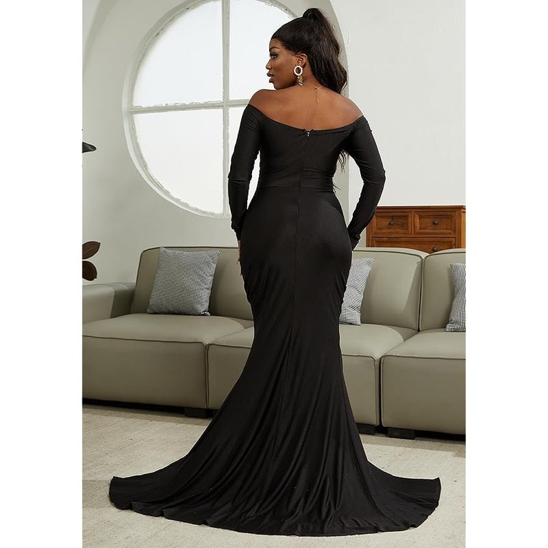 Vakkest Women's Sexy Formal Dresses Off The Shoulder Long Sleeve High Split Gown Summer Beach Slit for Wedding Guest - Image 5