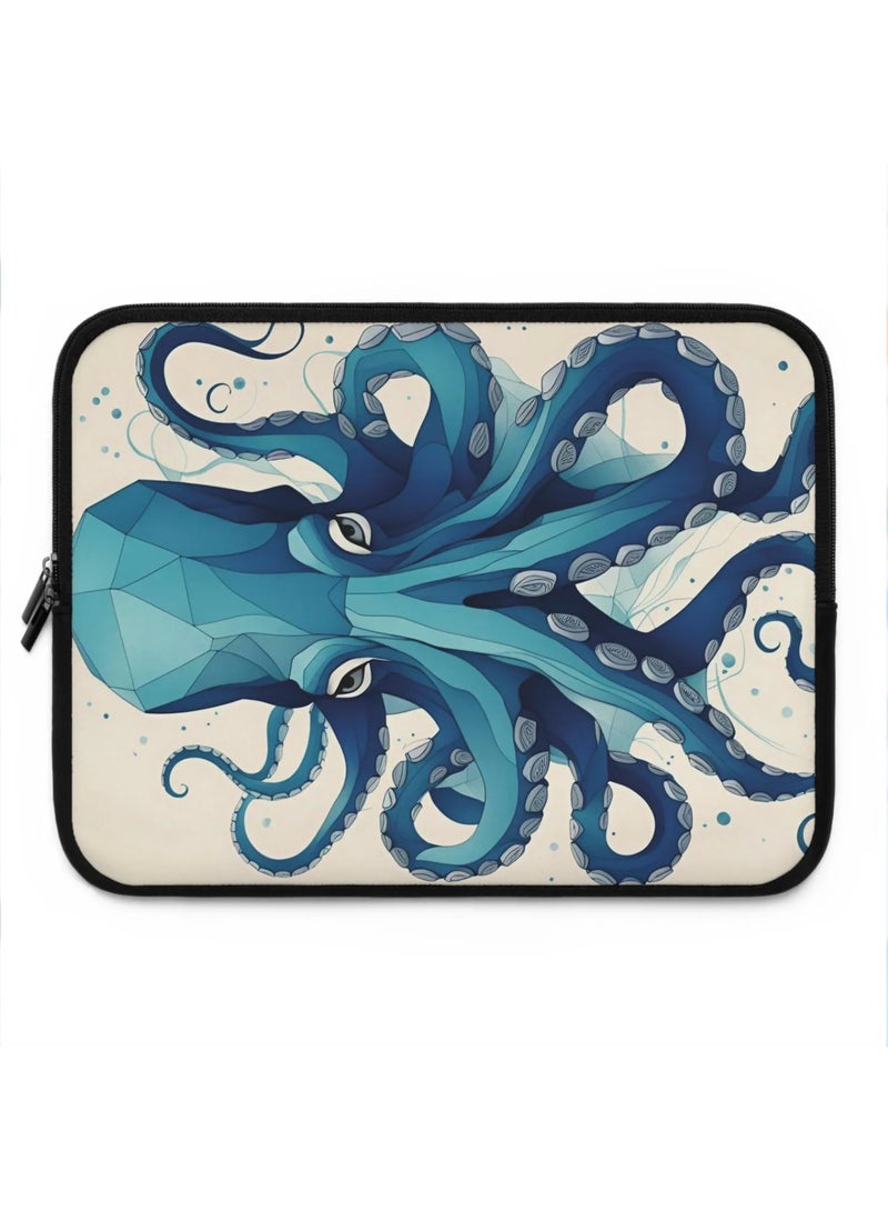 Geometric Octopus Laptop Sleeve, Blue, Nautical Ocean Theme, Zipper Closure