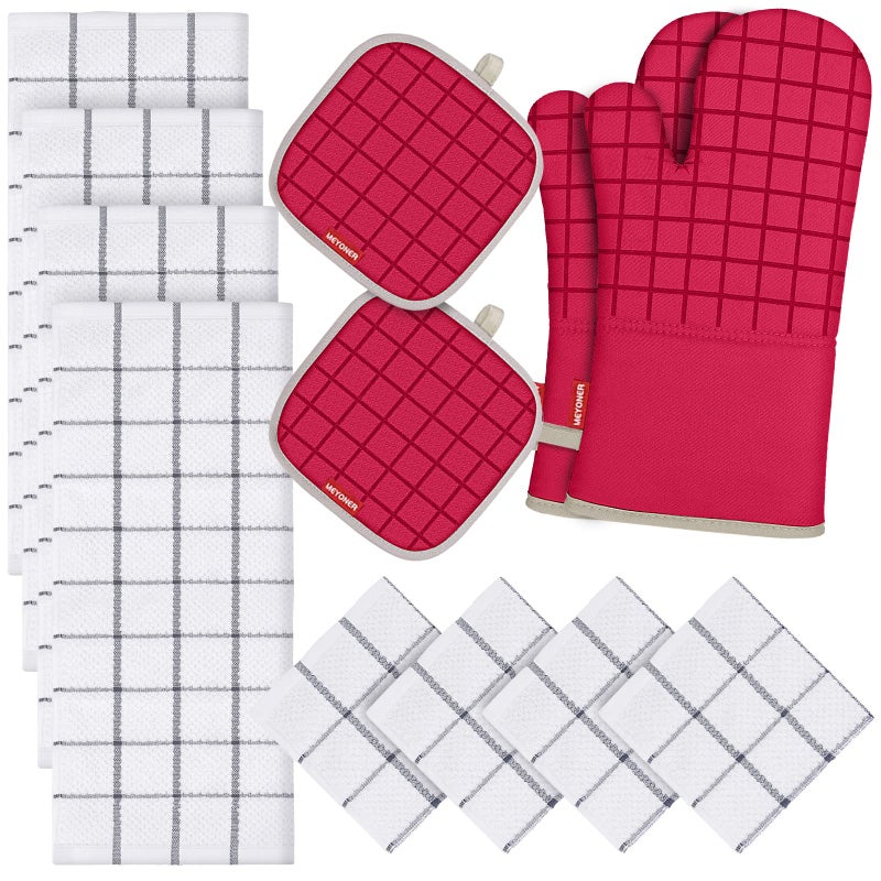 MEYONER Oven Mitts and Pot Holders Set with Kitchen Towels and Dishcloths 500 Degree Heat Resistant Oven Gloves and Hot Pads Premium Soft Cotton Kitchen Hand Towels and Dish Cloth Sets Red 