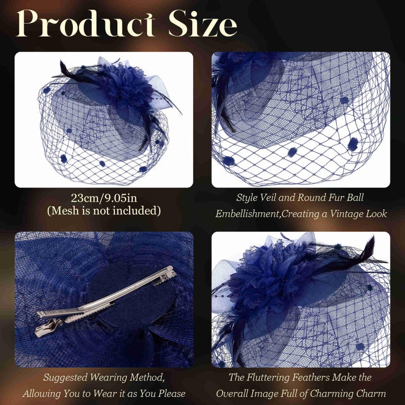 Masedy Fascinators Hats for Women Tea Party Hat Feather Mesh Headband Vintage Lace Headwear Veil Hair Clip Church Navy Blue - Image 2