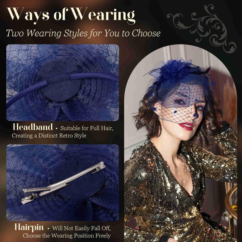 Masedy Fascinators Hats for Women Tea Party Hat Feather Mesh Headband Vintage Lace Headwear Veil Hair Clip Church Navy Blue - Image 3