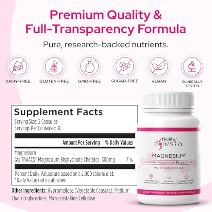 Healthy Bones Co. Chelated Magnesium Bisglycinate Capsules 300mg - Highly Absorbable Formula, Muscle Recovery & Sleep, Bone & Heart Support Supplement - Bisglicinato de Magnesio - Vegetarian Capsules, 1 Month Supply - Image 2