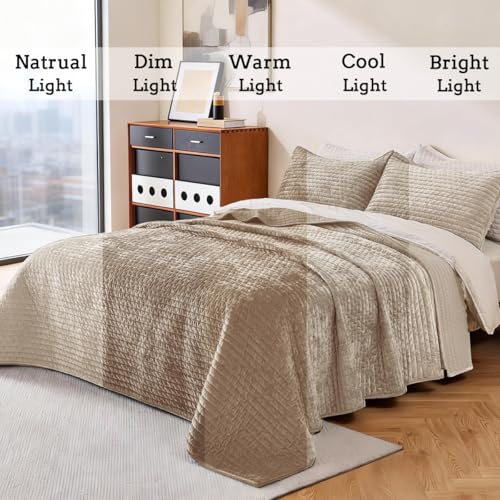 COCOPLOCEUS Luxury Velvet Quilt Set Oversized King Size 120x128 Striped Pick Stitch 3 Piece Bedspread with 2 20x36 Pillow Shams Soft Coverlet Bedding Set Lightweight Comforter for All Season Beige - Image 3