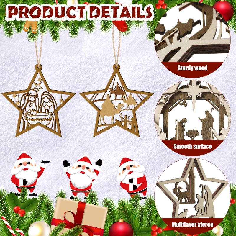 Amyhill 32 Pcs Christmas Nativity Scene Ornament Wooden Hanging Ornament Multilayer Religious Gifts Hanging Jesus Ornament Nativity Christmas Decorations Shaped Nativity Scene Keepsake for Xmas Tree (Star) - Image 3