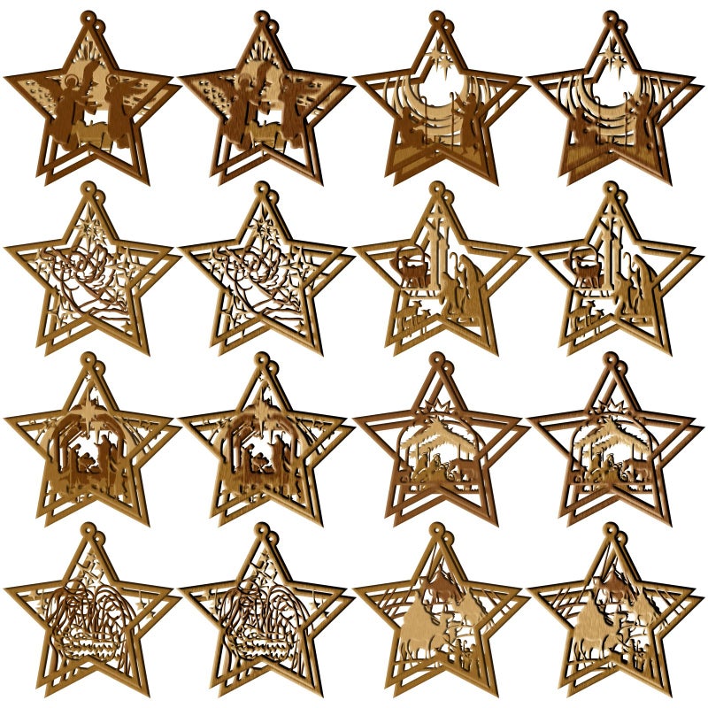Amyhill 32 Pcs Christmas Nativity Scene Ornament Wooden Hanging Ornament Multilayer Religious Gifts Hanging Jesus Ornament Nativity Christmas Decorations Shaped Nativity Scene Keepsake for Xmas Tree (Star) - Image 1