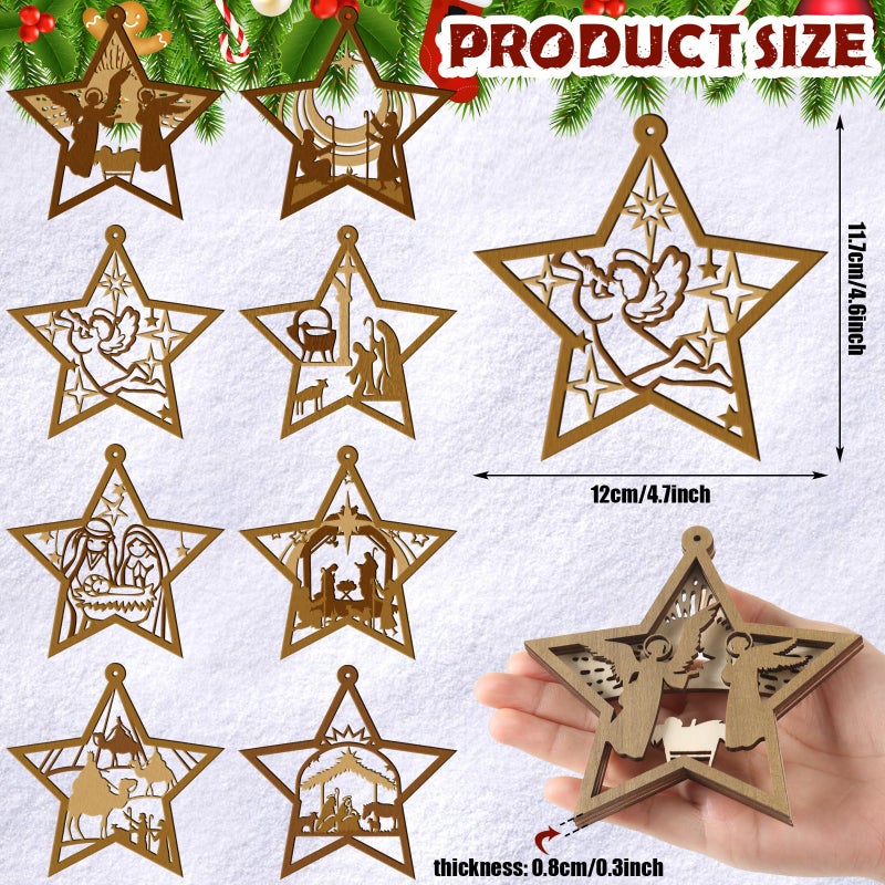 Amyhill 32 Pcs Christmas Nativity Scene Ornament Wooden Hanging Ornament Multilayer Religious Gifts Hanging Jesus Ornament Nativity Christmas Decorations Shaped Nativity Scene Keepsake for Xmas Tree (Star) - Image 2