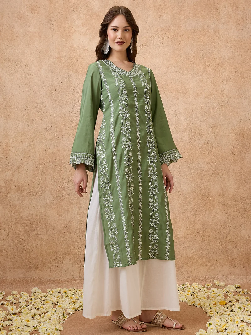 globus Women Floral Embroidered V-Neck Scalloped Bell Sleeves Straight Festive Kurta