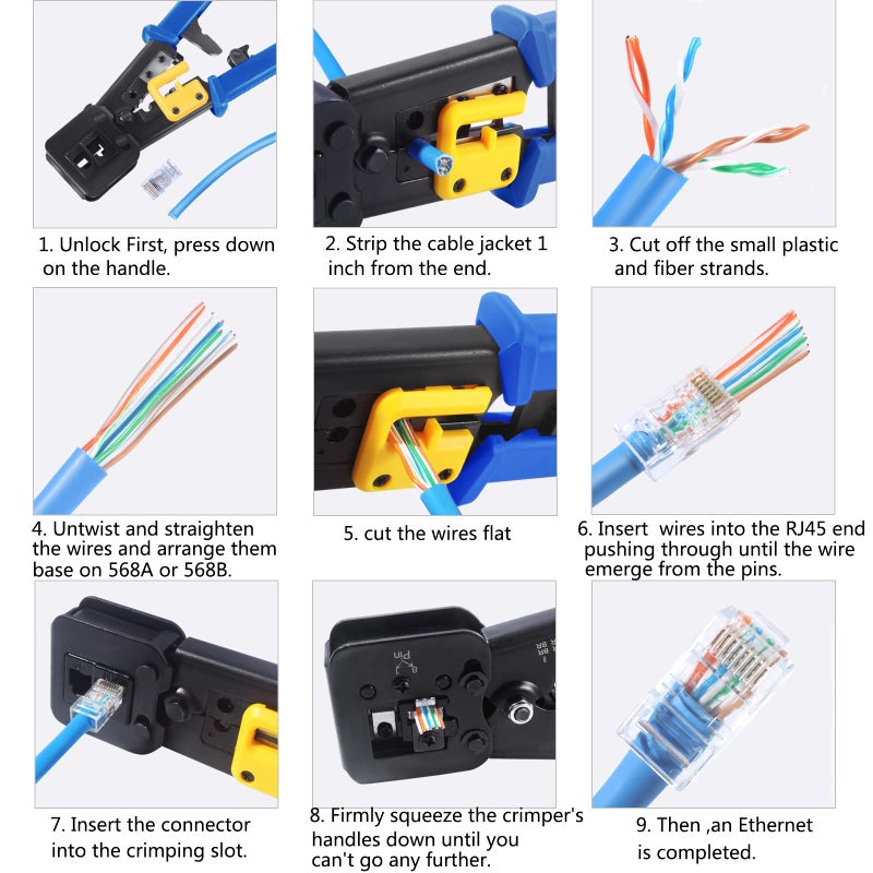 PETECHTOOL RJ45 Crimping Tool Ethernet Crimper for Cat6 Cat5 Cat5e RJ45 Pass Through Connectors and RJ12 Ends Comes with 20PCS RJ45 Cat6 Connectors and Replacement Blades - Image 5
