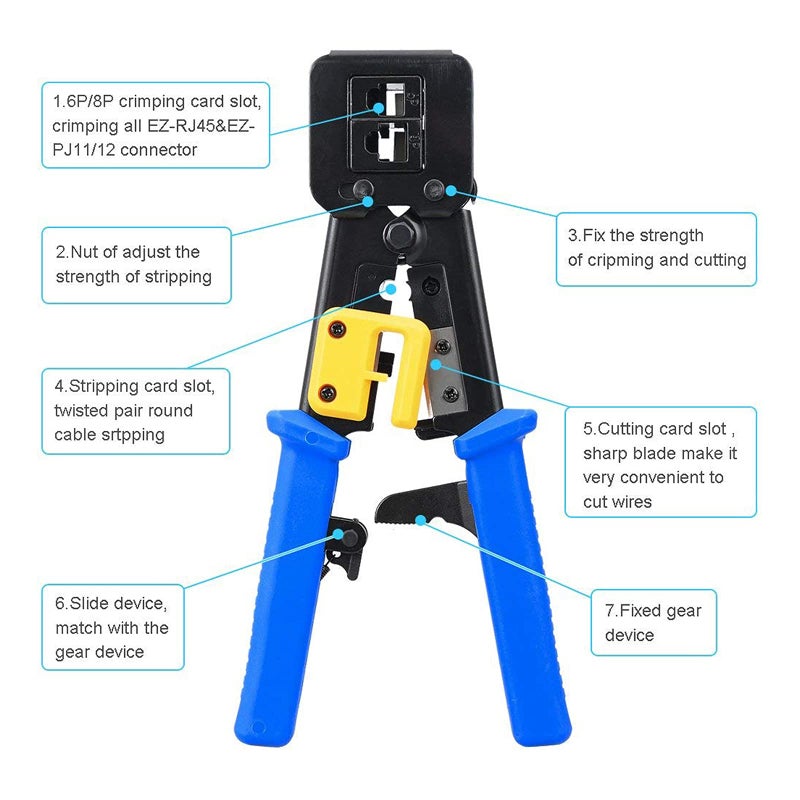 PETECHTOOL RJ45 Crimping Tool Ethernet Crimper for Cat6 Cat5 Cat5e RJ45 Pass Through Connectors and RJ12 Ends Comes with 20PCS RJ45 Cat6 Connectors and Replacement Blades - Image 2