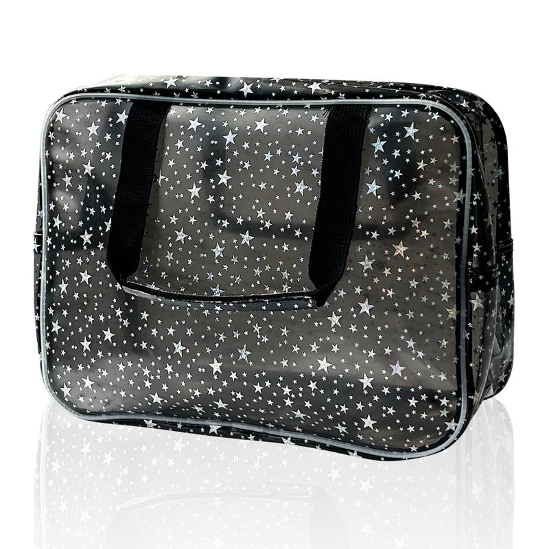 TotePrint Black Holographic Star Cosmetic Bag for Women 11.8x5.1x8.2 Inches Portable Travel Toiletry Bag with Handles,Durable PVC Material,Zipper Design-Ideal Large Clear Makeup Organizer - Image 1