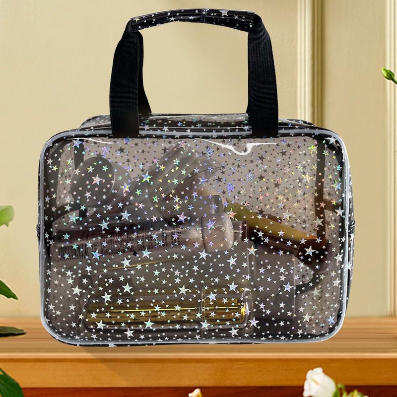 TotePrint Black Holographic Star Cosmetic Bag for Women 11.8x5.1x8.2 Inches Portable Travel Toiletry Bag with Handles,Durable PVC Material,Zipper Design-Ideal Large Clear Makeup Organizer - Image 4
