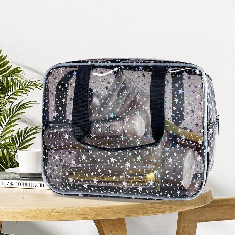TotePrint Black Holographic Star Cosmetic Bag for Women 11.8x5.1x8.2 Inches Portable Travel Toiletry Bag with Handles,Durable PVC Material,Zipper Design-Ideal Large Clear Makeup Organizer - Image 5