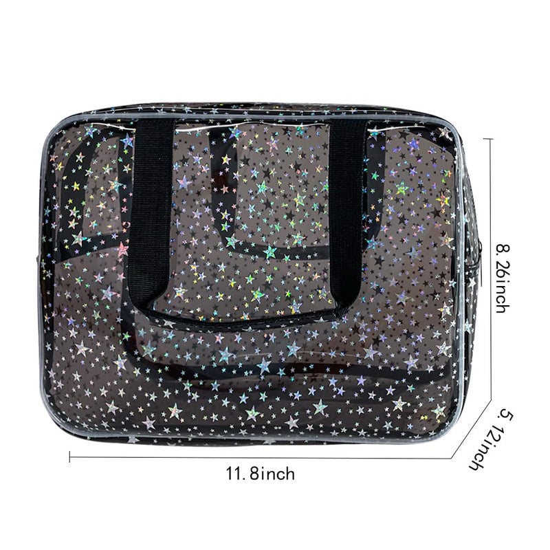 TotePrint Black Holographic Star Cosmetic Bag for Women 11.8x5.1x8.2 Inches Portable Travel Toiletry Bag with Handles,Durable PVC Material,Zipper Design-Ideal Large Clear Makeup Organizer - Image 2