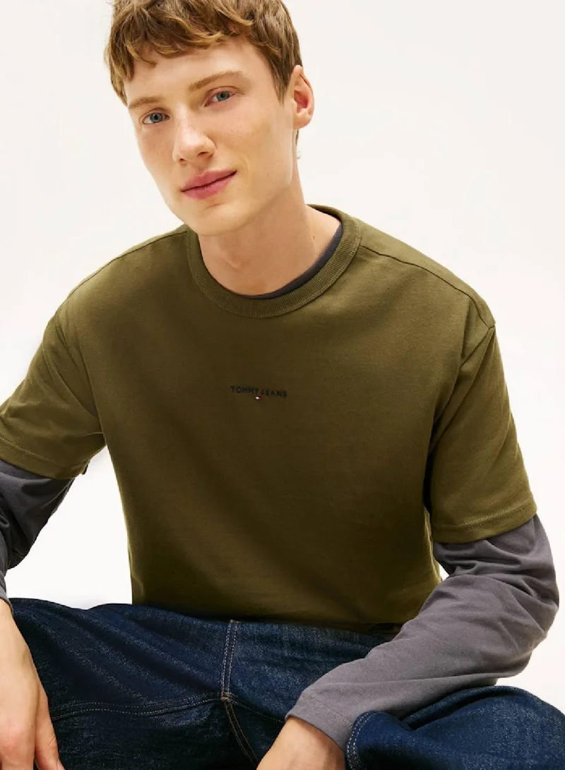 TOMMY JEANS Dark Greenery Linear Logo Relaxed T-Shirt for Men | Best Price UAE