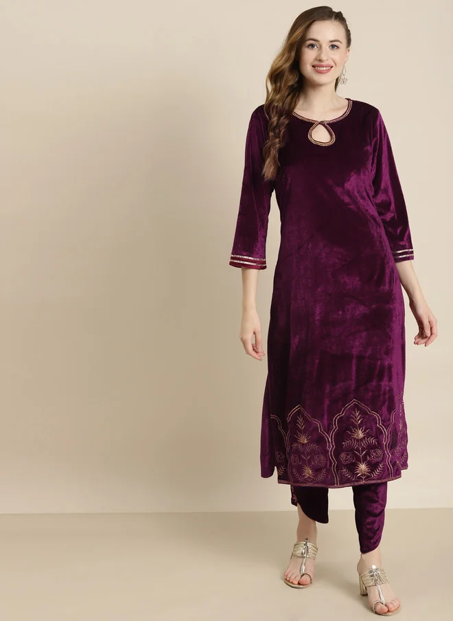 Purple Floral Embroidered Velvet Kurta for Women