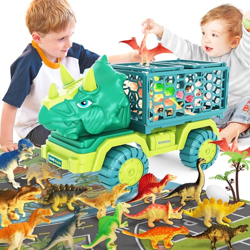 HONGID Dinosaur Truck Toys for Kids 3-5, Triceratops Car Toy with 15 Dino Figures,Large Activity Play Mat, Dinosaur Eggs, Dinosaur Play Set for Boys and Girls,Christmas Xmax,Stocking Stuffers - Image 1
