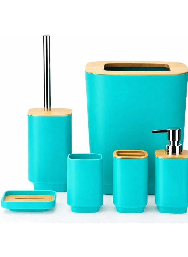 Bathroom Accessories Set of 6 Modern Design 6 Pieces Bathroom Accessory Set Soap Dispenser Toothbrush Holder Tooth Mug Soap Dish Toilet Brush Rubbish for Bathroom Home Decor (Turquoise) - Image 1