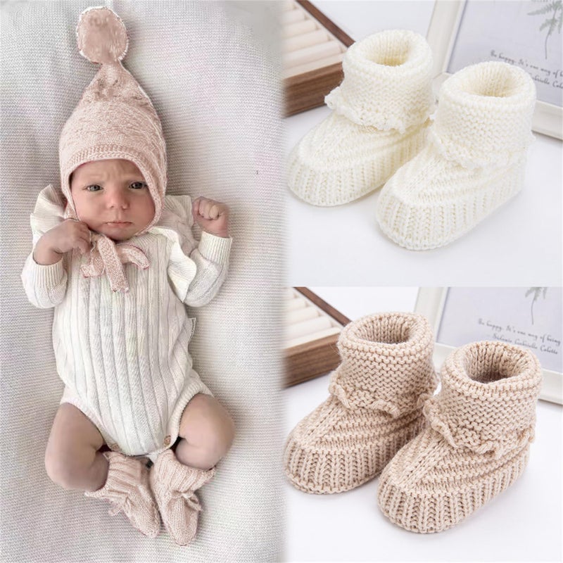 TJCONETJC Baby Booties, Newborn Walking Shoes, Infant Hand Crochet Knit Cotton Sock Booties, Soft Cozy Socks Slippers, Indoor House Shoes for Baby, 2 Pairs (Style1, Infant, 0 Months, Age Range, US Footwear Size System, 12 Months, Medium) - Image 2