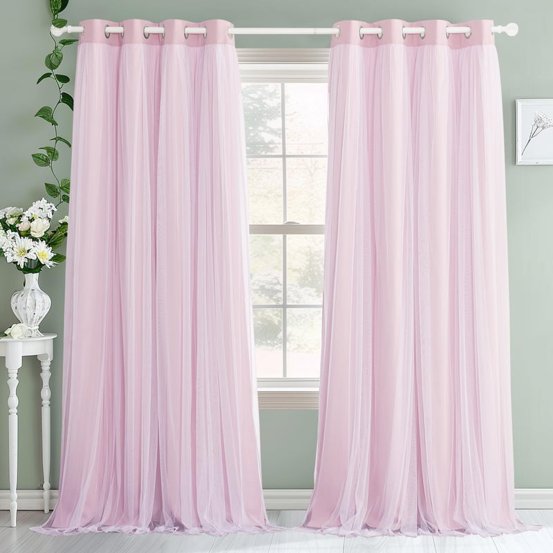 PONY DANCE Girls Blackout Curtains with Sheer Overlay Pink Double Layer Grommet Drapes Mix and Match with White Sheer Room Darkening Curtains for NurseryBedroom with Tiebacks 52x95 Set of 2 Panels