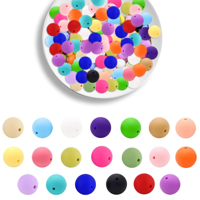 100Pcs Silicone Round Beads Set 15mm Mix Color Silicone Beads Charm Colorful Loose Spacer Jewelry Beads DIY Craft Beads for Making Necklace Bracelet Lanyard Keychain Accessories