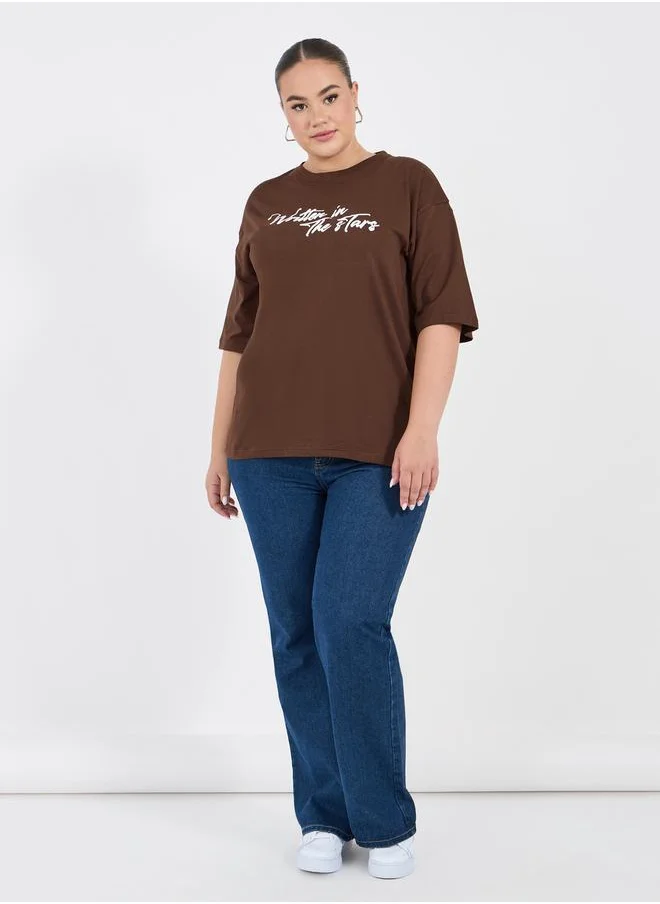 ستايلي Plus Size Slogan Print Round Neck T-Shirt