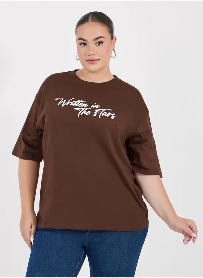ستايلي Plus Size Slogan Print Round Neck T-Shirt