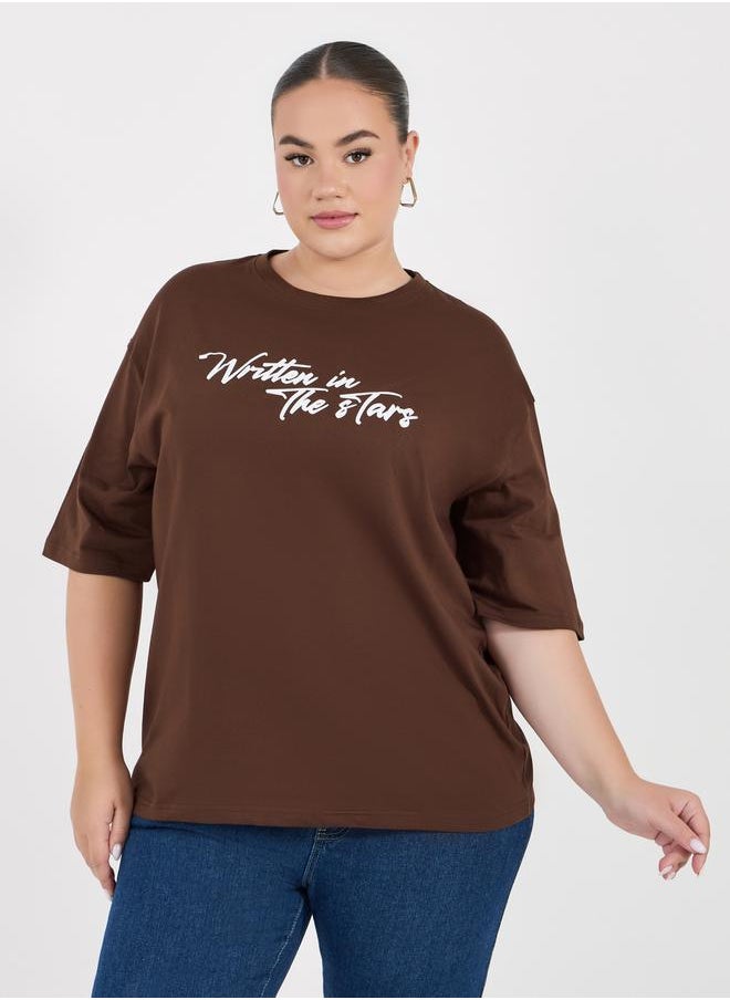Styli Plus Size Slogan Print Round Neck T-Shirt  - Image 1