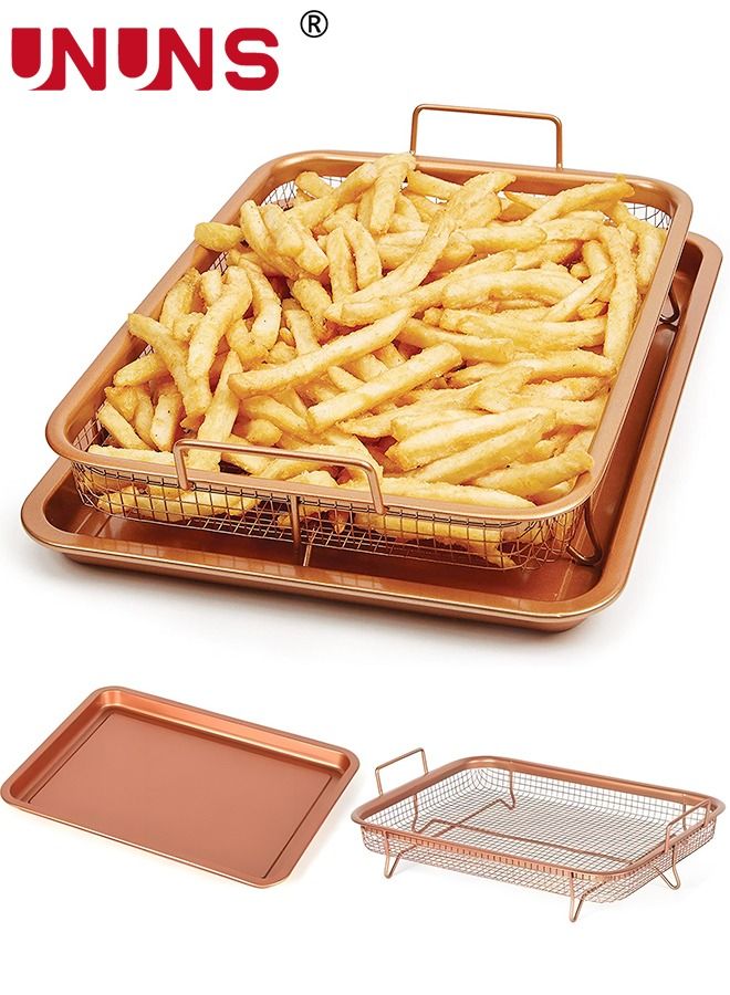 UNUNS Crisper Tray,2-Piece Non-Stick Rectangular Crisper Tray Set,Copper Oven,Frying Basket And Baking Sheet,Dishwasher Safe,Heat-Resistant - Image 1
