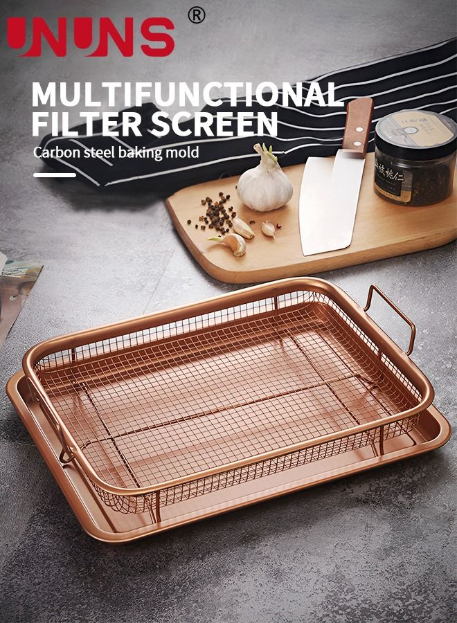 UNUNS Crisper Tray,2-Piece Non-Stick Rectangular Crisper Tray Set,Copper Oven,Frying Basket And Baking Sheet,Dishwasher Safe,Heat-Resistant - Image 3