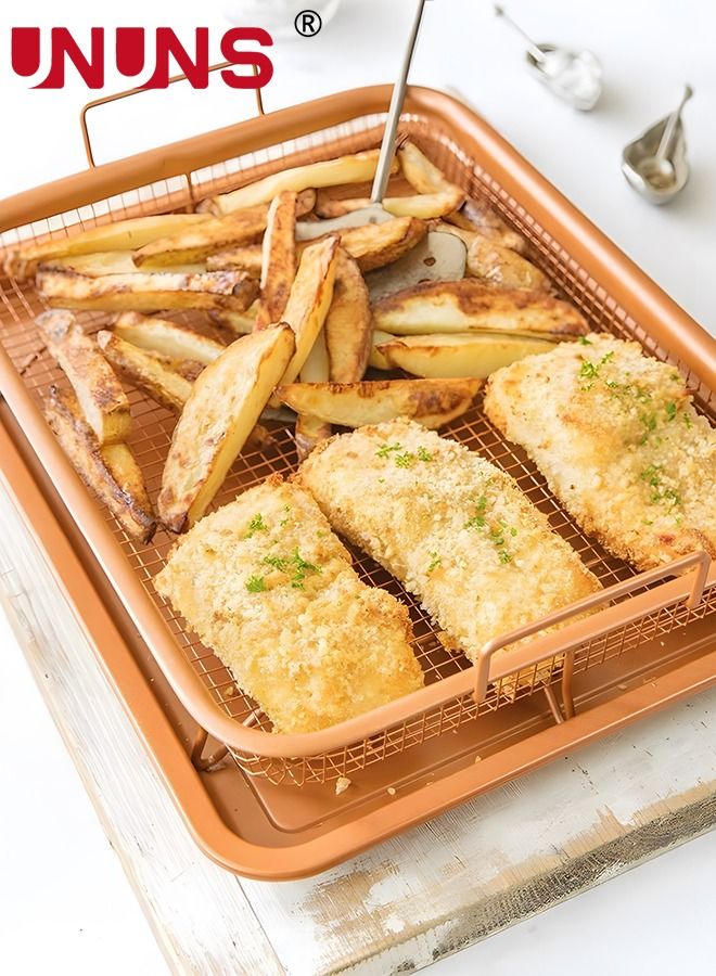 UNUNS Crisper Tray,2-Piece Non-Stick Rectangular Crisper Tray Set,Copper Oven,Frying Basket And Baking Sheet,Dishwasher Safe,Heat-Resistant - Image 5