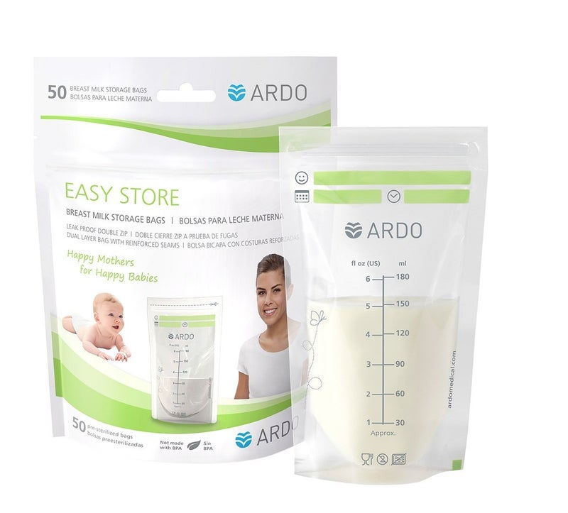 Ardo Easy Store - 50 Extra-Strong Breast Milk Storage Bags for Fridge and Freezer (180ml, 6 fl.oz.), with Easy-to-Read Scaling, 50 Bags, Stackable and Self-Standing - Image 1