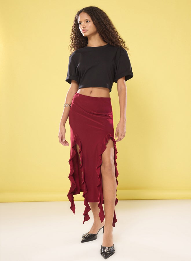 trendyol Burgundy Slit and Ruffle Detailed Body-Fitting Flexible Fish Maxi Skirt  - Image 2