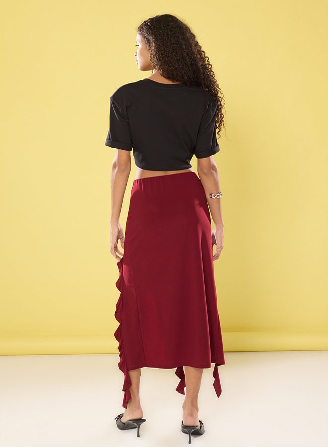 trendyol Burgundy Slit and Ruffle Detailed Body-Fitting Flexible Fish Maxi Skirt  - Image 4
