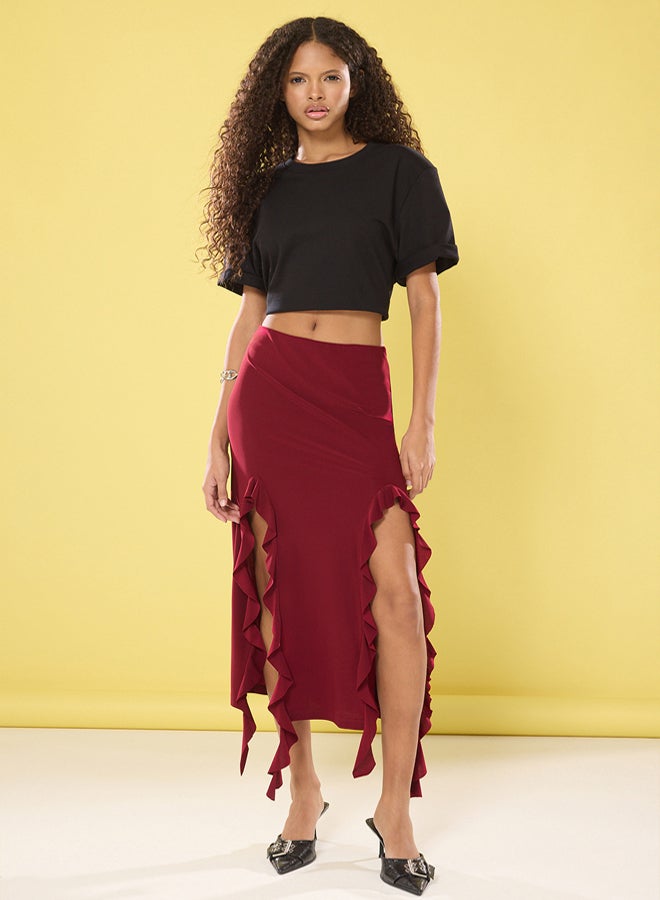 trendyol Burgundy Slit and Ruffle Detailed Body-Fitting Flexible Fish Maxi Skirt  - Image 1