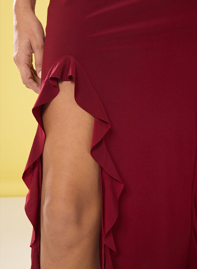 trendyol Burgundy Slit and Ruffle Detailed Body-Fitting Flexible Fish Maxi Skirt  - Image 3