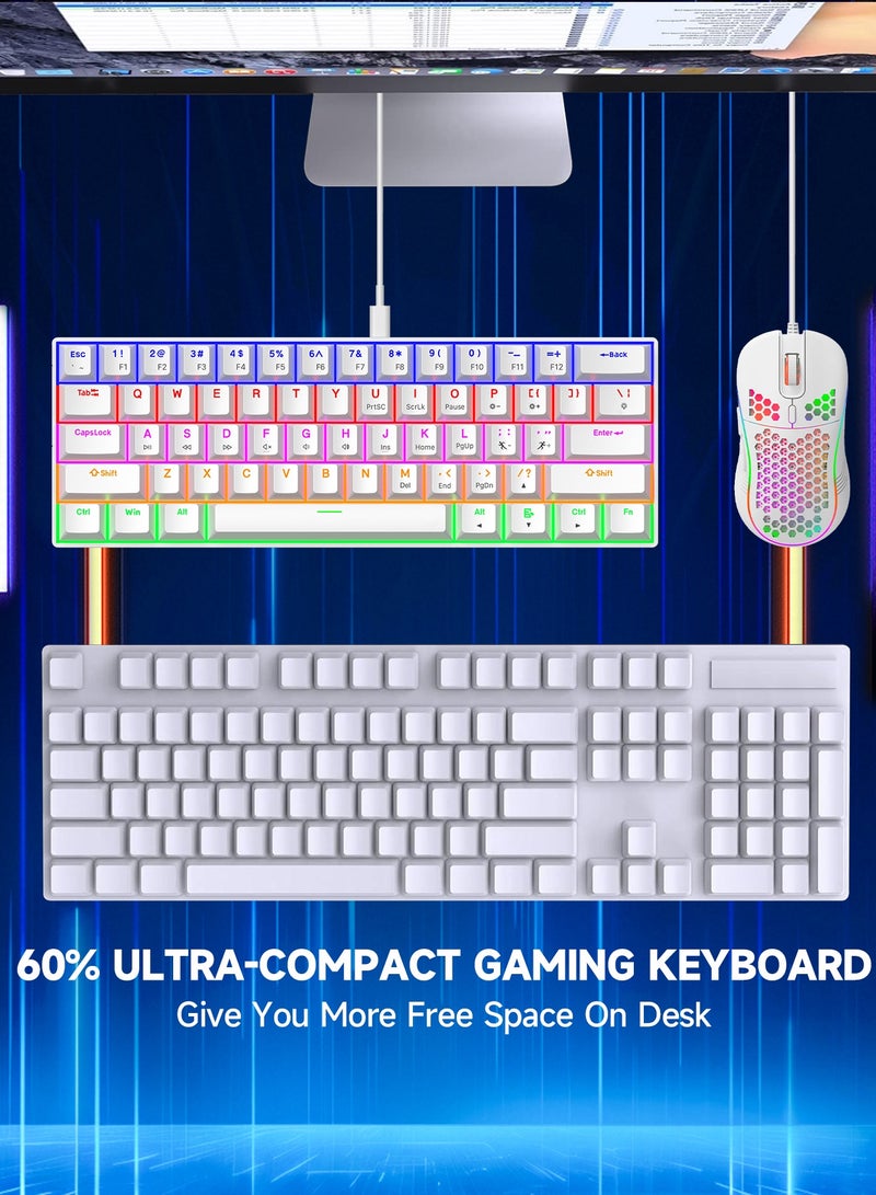 UCHUANG Gaming Keyboard and Mouse Combo 60% 61-Key RGB Backlit Blue Switch Ultra-Compact Lightweight Honeycomb Optical Mouse 7200 DPI Wired Gaming Set for PC PS5 Xbox Everyday Use White - Image 3