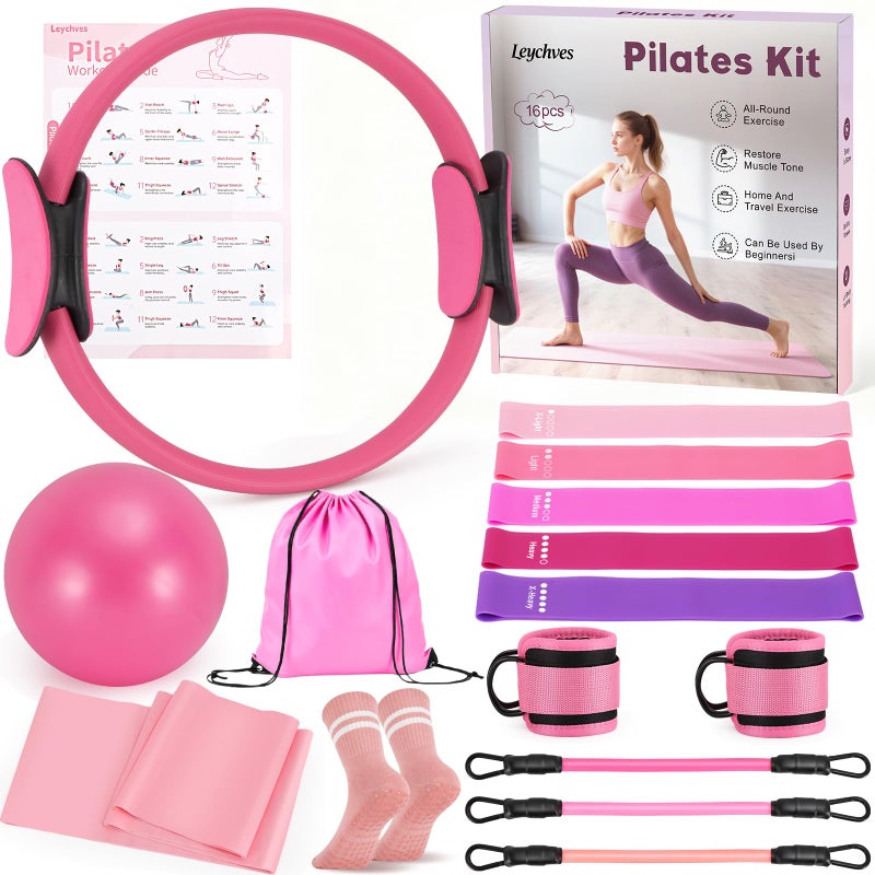 Leychves Pilates Essentials Kit for 5.2-5.7 FT Women, 14'' Magic Circle Home Pilates Equipment Ring and Ball Set, 5 Resistance Bands Workout Guide for Balanced Resistance Full-Body Workout Set for Beginners - Image 1