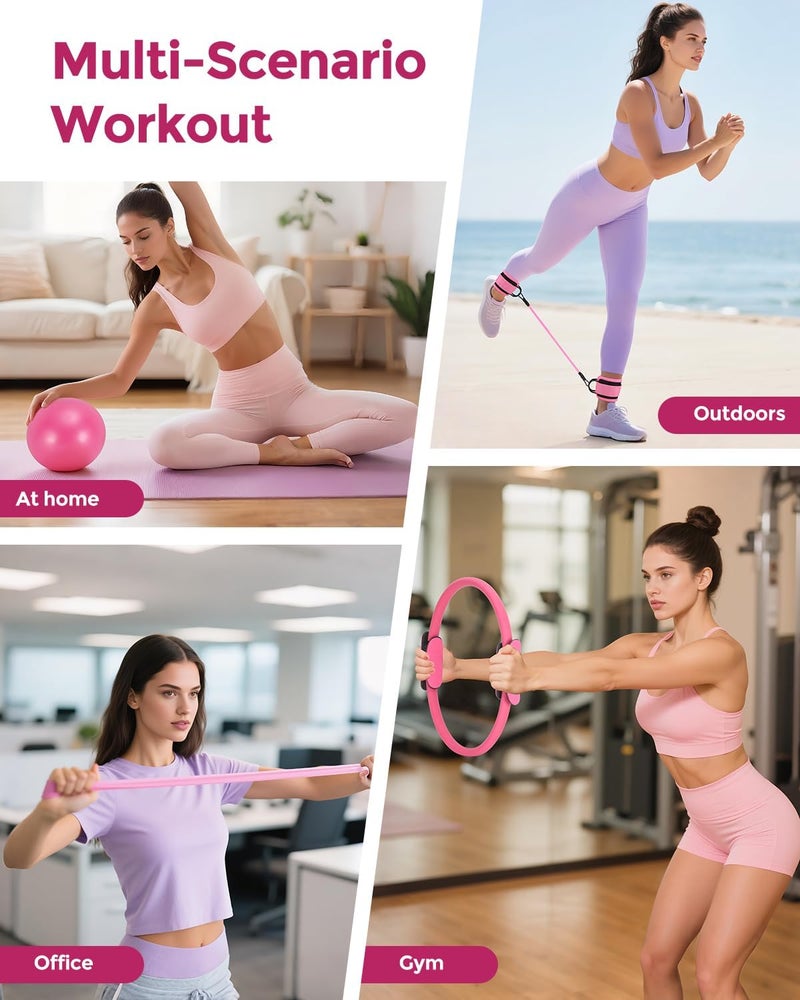 Leychves Pilates Essentials Kit for 5.2-5.7 FT Women, 14'' Magic Circle Home Pilates Equipment Ring and Ball Set, 5 Resistance Bands Workout Guide for Balanced Resistance Full-Body Workout Set for Beginners - Image 4