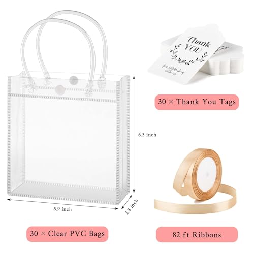 Mauproy 30 Pack Clear Gift Bags with Handles, Party Favor Bags with Ribbons and Tags, Reusable Goodie Tote Bags for Wedding Baby Shower Halloween (5.9” x 6.3” x 2.8") - Image 2