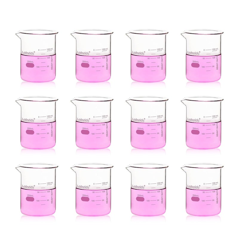 Labvida 12pcs 200ml Upgrated Thick Form Glass Beakers, Griffin Low Form Beaker Set with Double Scale, 3.3 Boro, LVA008 - Image 1